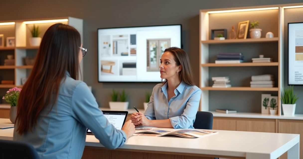 Cliente e vendedor conversando em showroom de móveis planejados 