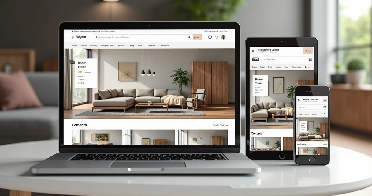 Showroom virtual com vários modelos de móveis exibidos em um site responsivo 