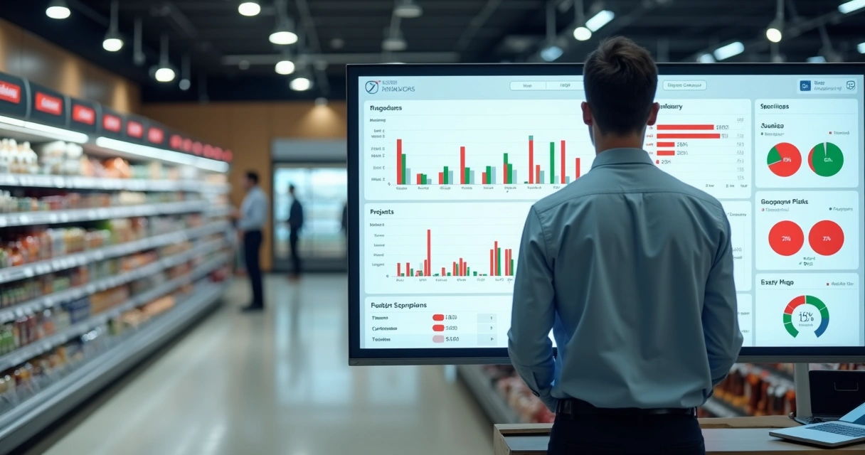 Gerente de loja analisando dashboard de shrinkage com prateleiras de supermercado ao fundo 