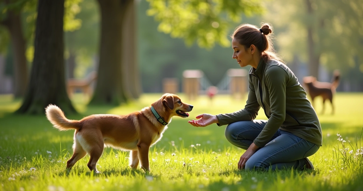 Small shy dog approaching a calm dog in a green park during supervised socialization 