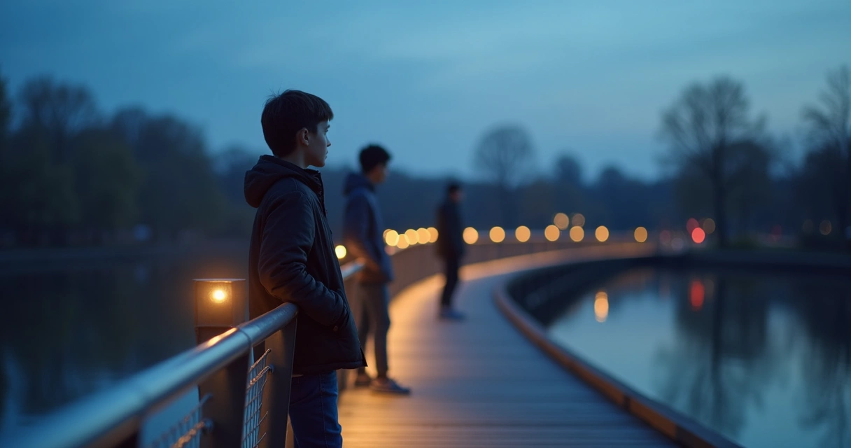 Three siblings standing on different points of an illuminated bridge at night 