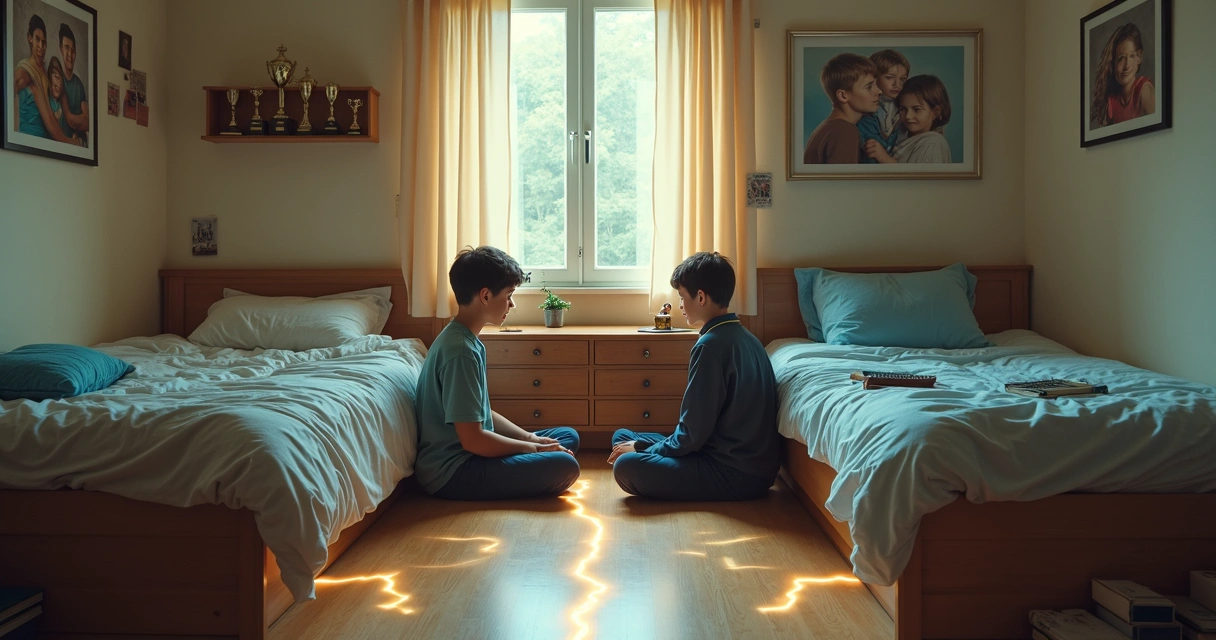 Siblings divided by glowing fault lines in a shared bedroom 