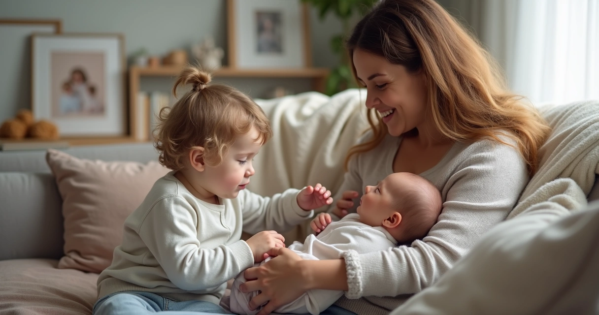 Older sibling meeting newborn baby at home 