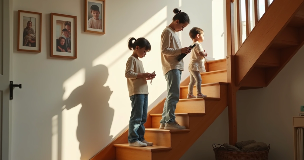 Three siblings standing on different steps of a staircase at home 