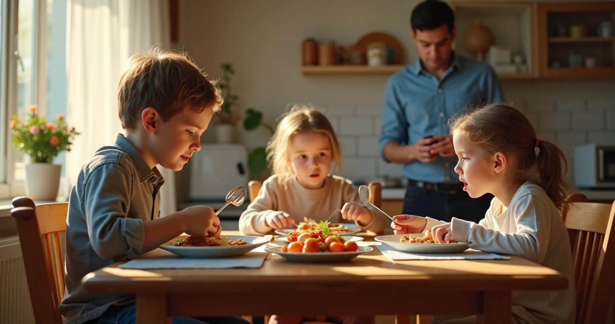 Three siblings seated at a family dinner table with different body language 