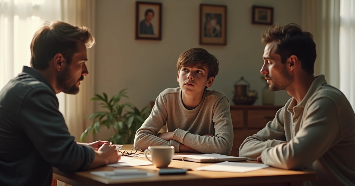 Adult siblings talking at a family table during a tense discussion 