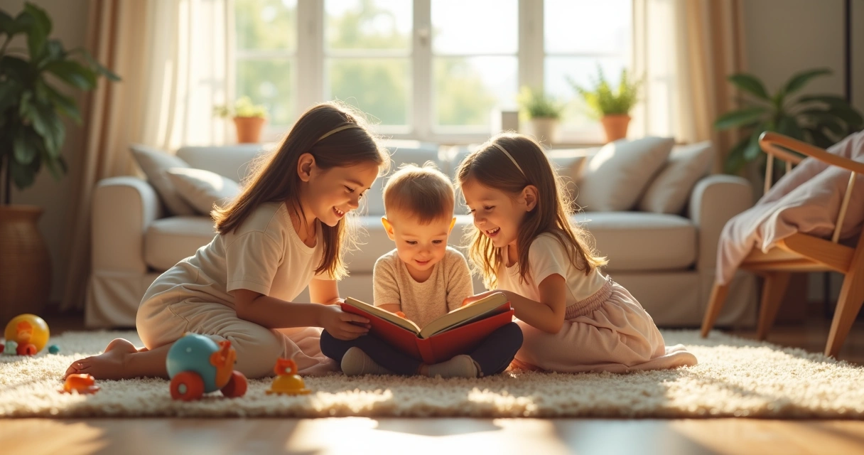 Children of different ages playing together in a sunny living room 