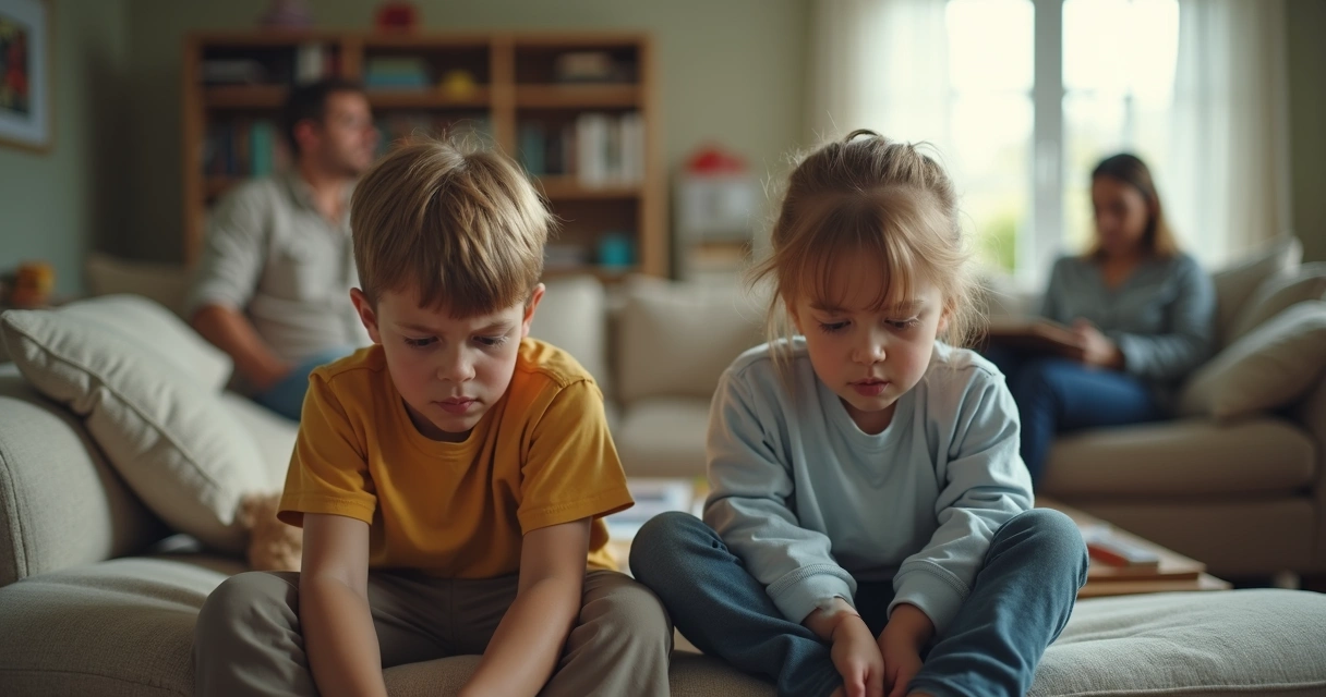 Two siblings sitting apart in a tense living room while parents look stressed