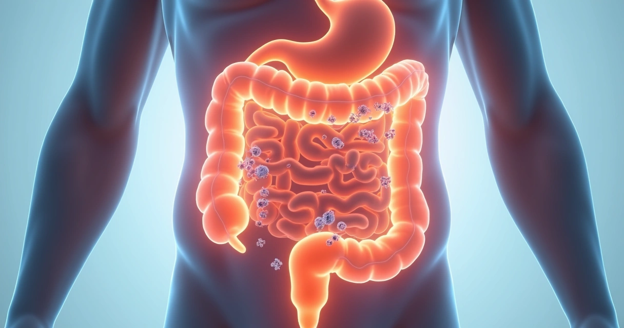 Ilustração realista de intestino delgado com excesso de bactérias e formação de gases 