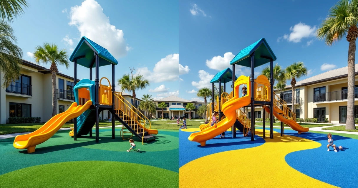 Side-by-side view of artificial turf and poured rubber playgrounds 