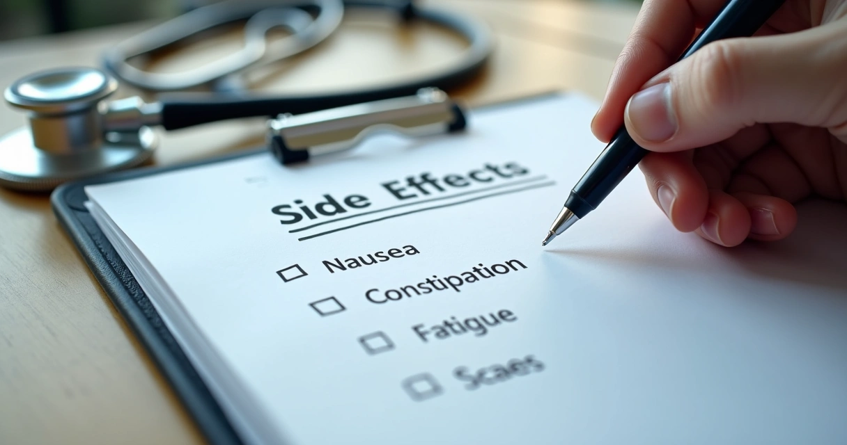 List of common side effects for GLP-1 medications next to a visual pain scale 