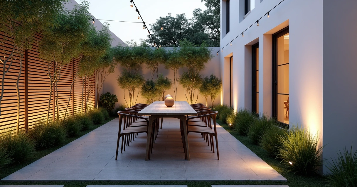 3D side yard makeover with dining area and string lights