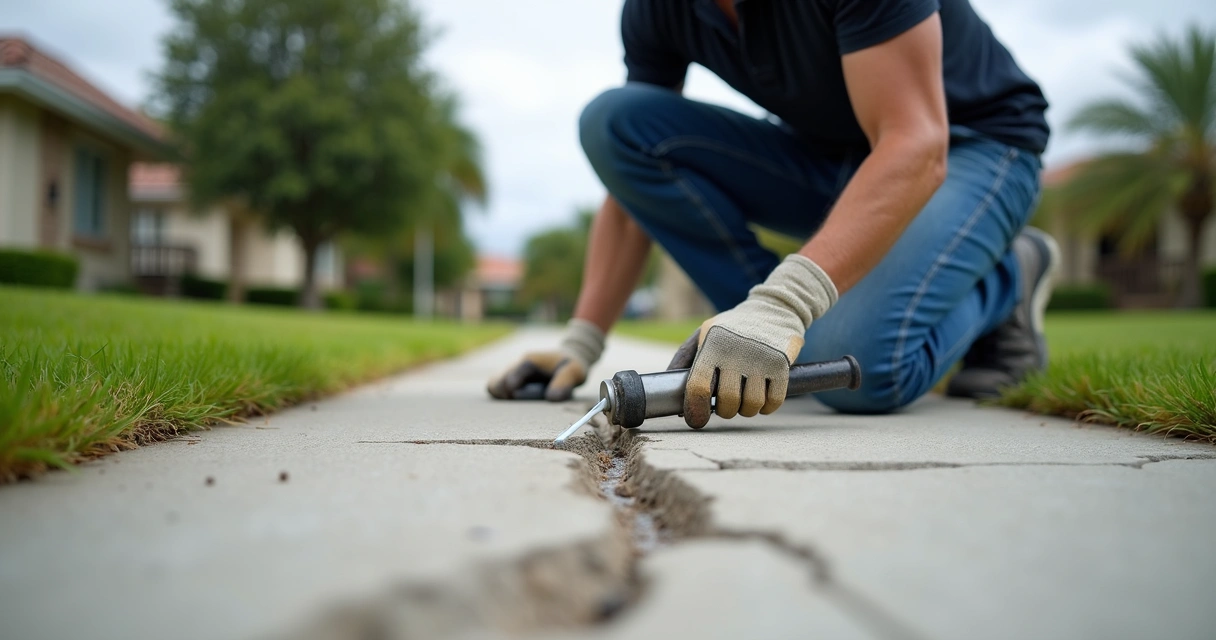 Worker applying crack filler along sidewalk in Orlando 