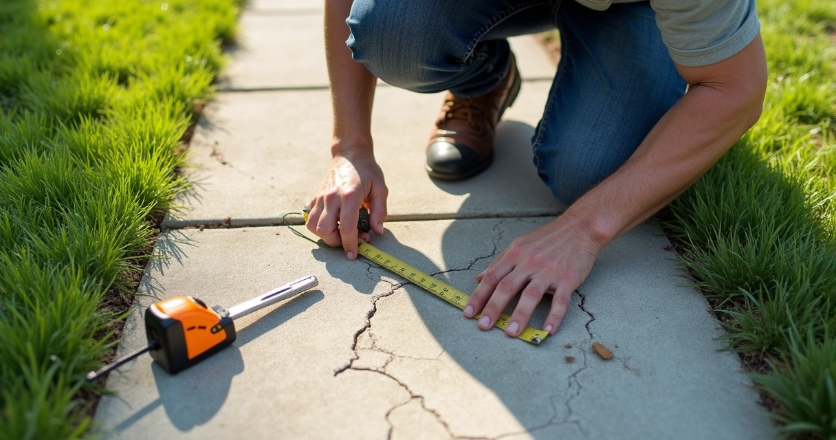 Homeowner inspecting cracks in concrete sidewalk