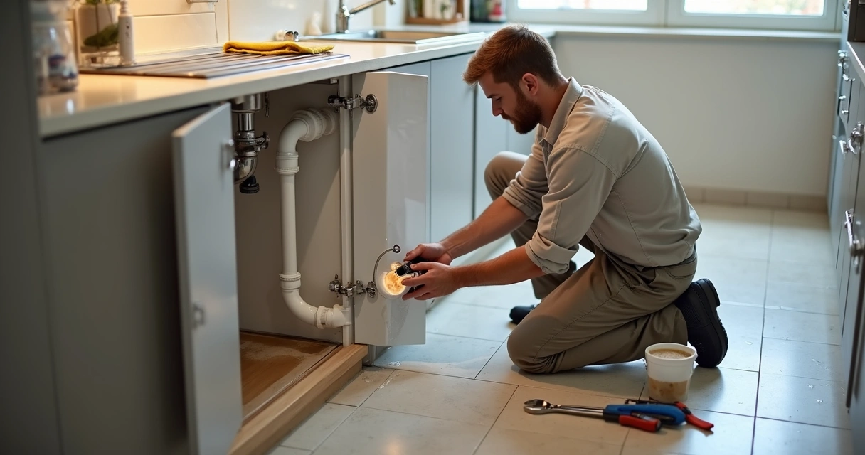 Canalizador a verificar sifão entupido de lavatório de cozinha 
