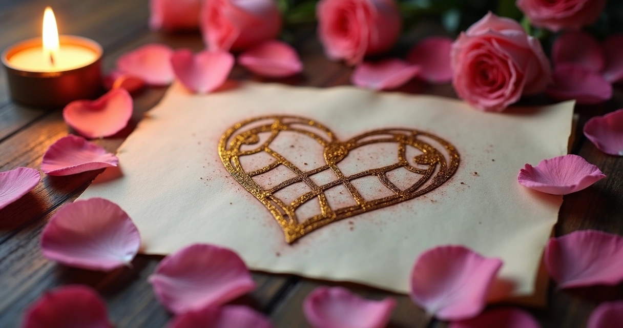 Desenho de sigilo amoroso com coração estilizado e traços dourados