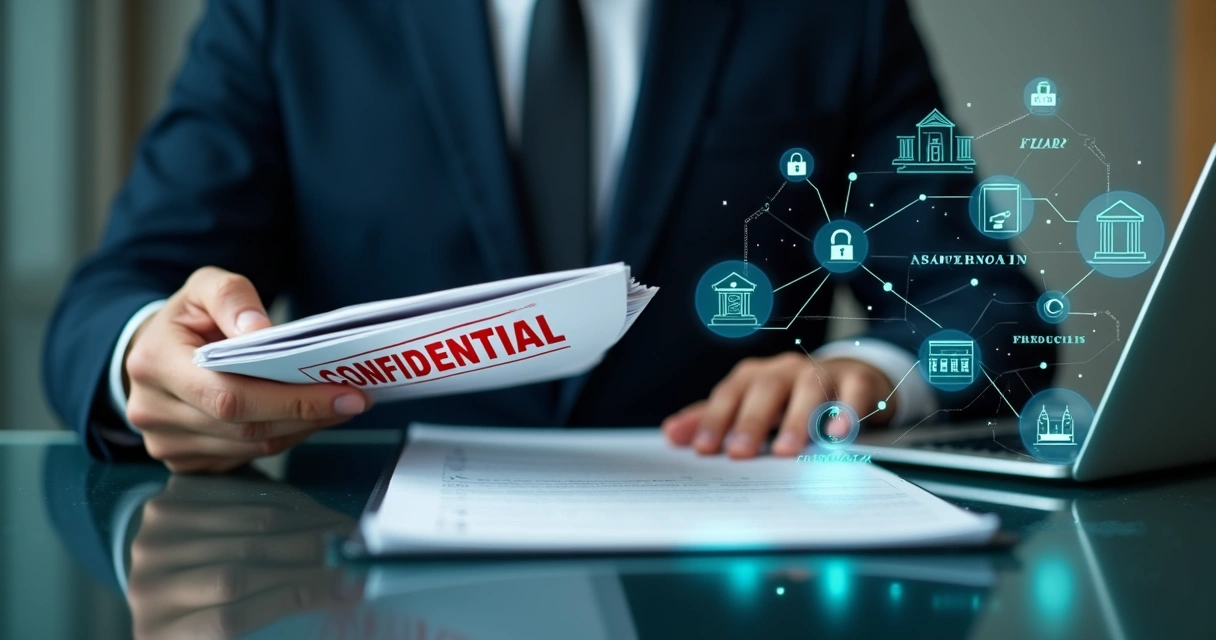 Juiz segurando pasta confidencial em frente a ícones de banco e open finance 
