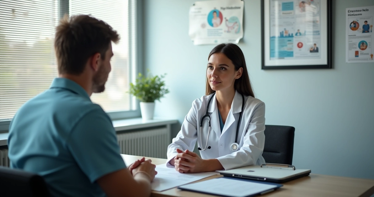 Médico conversando com paciente em consultório, respeitando a privacidade 