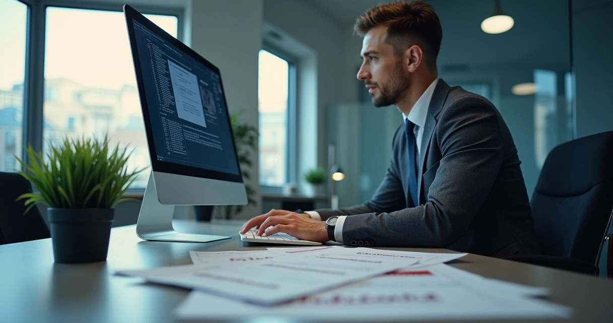 Profissional de tradução técnica em escritório com tela protegida e documentos confidenciais. 