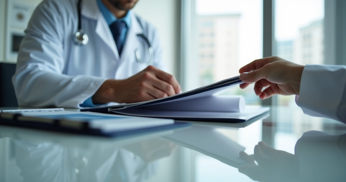 Médico protegendo prontuário de paciente em consultório 