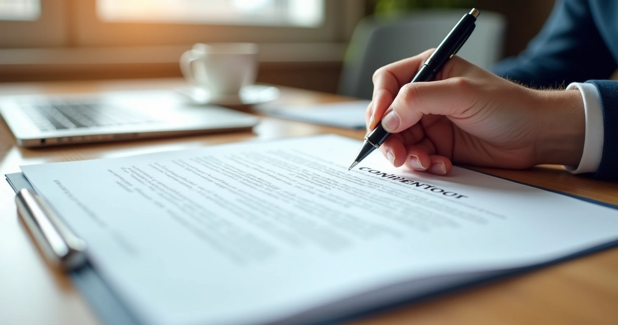Contrato de confidencialidade sendo assinado sobre uma mesa com documentos e caneta, mãos visíveis 