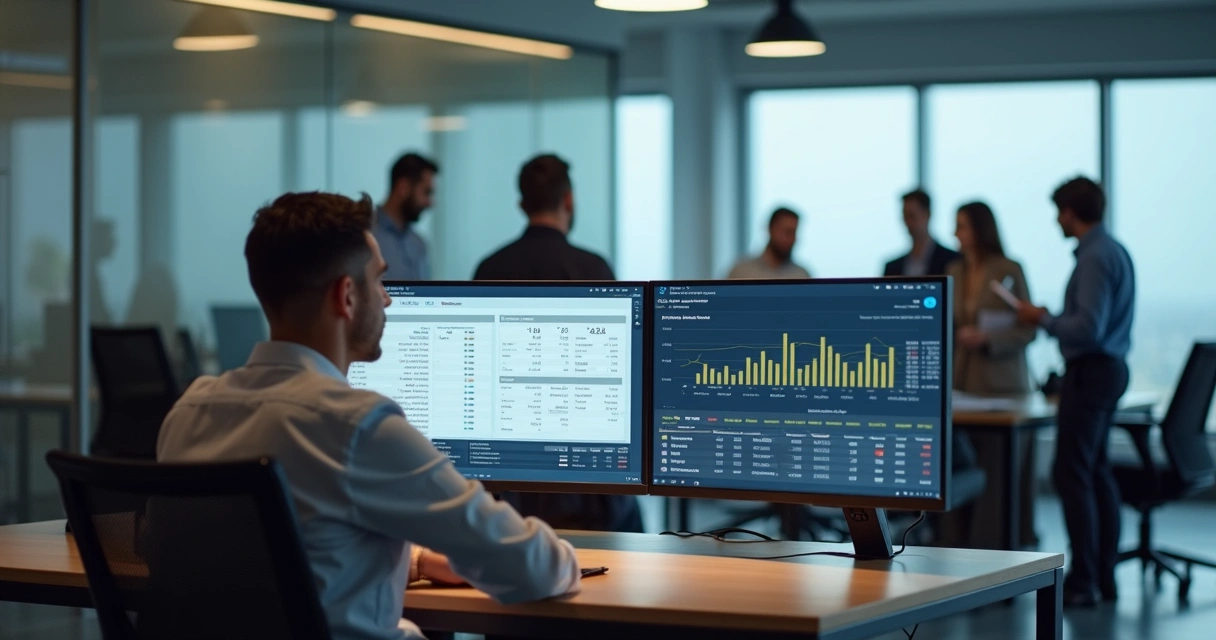 Pessoa analisando dados confidenciais em computador, em ambiente moderno de escritório 