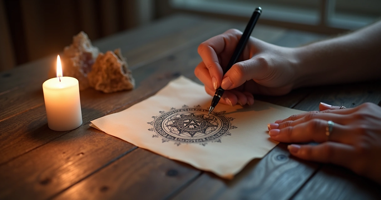 Símbolo de sigilo desenhado em papel ao lado de vela e caneta 