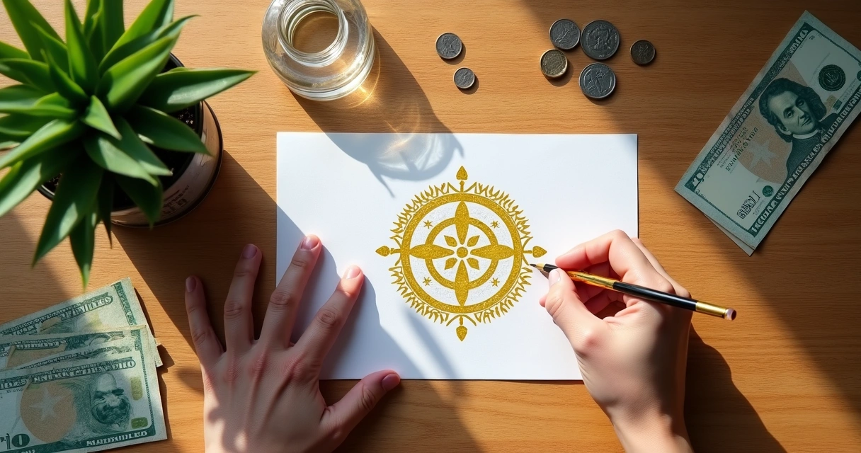 Sigilo de prosperidade desenhado em papel com notas e moedas ao redor