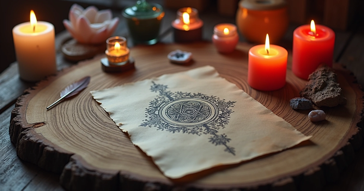Sigilo mágico desenhado em altar com velas e cristais 
