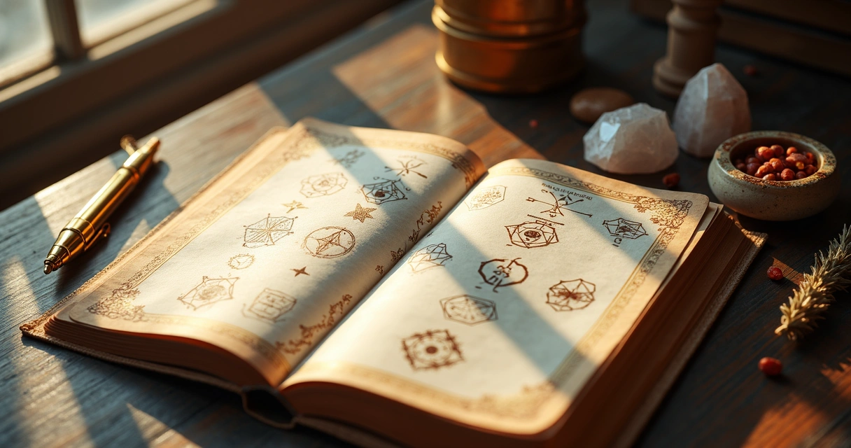 Símbolos mágicos desenhados em caderno aberto 