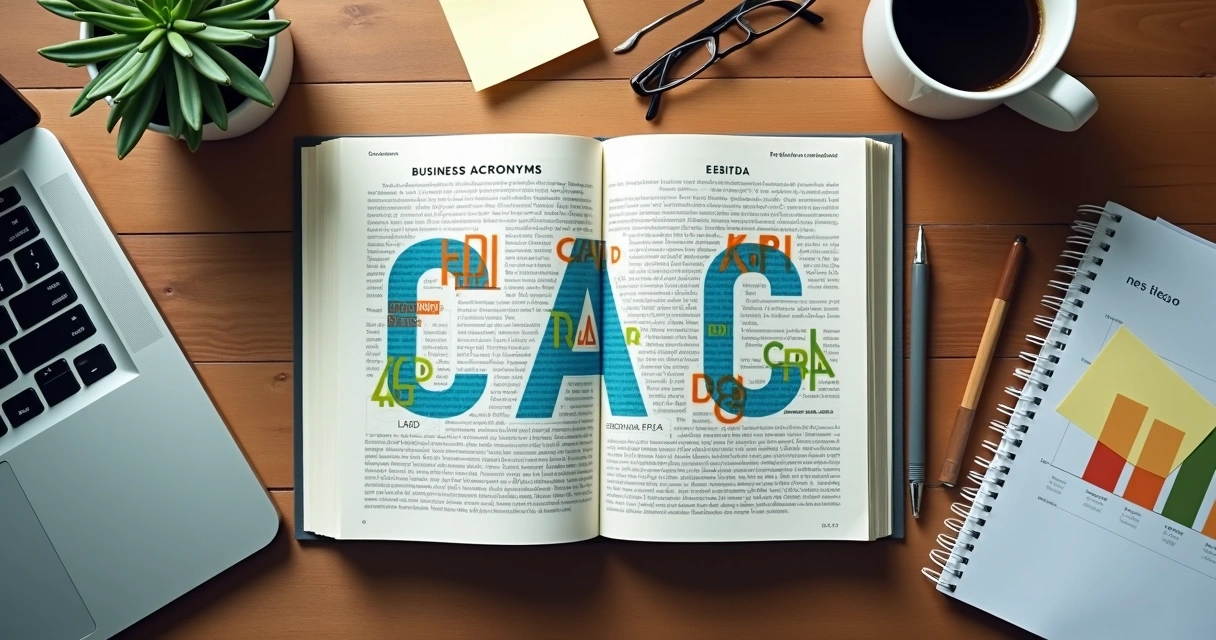 Livro aberto com siglas empresariais destacados em mesa de escritório organizada 