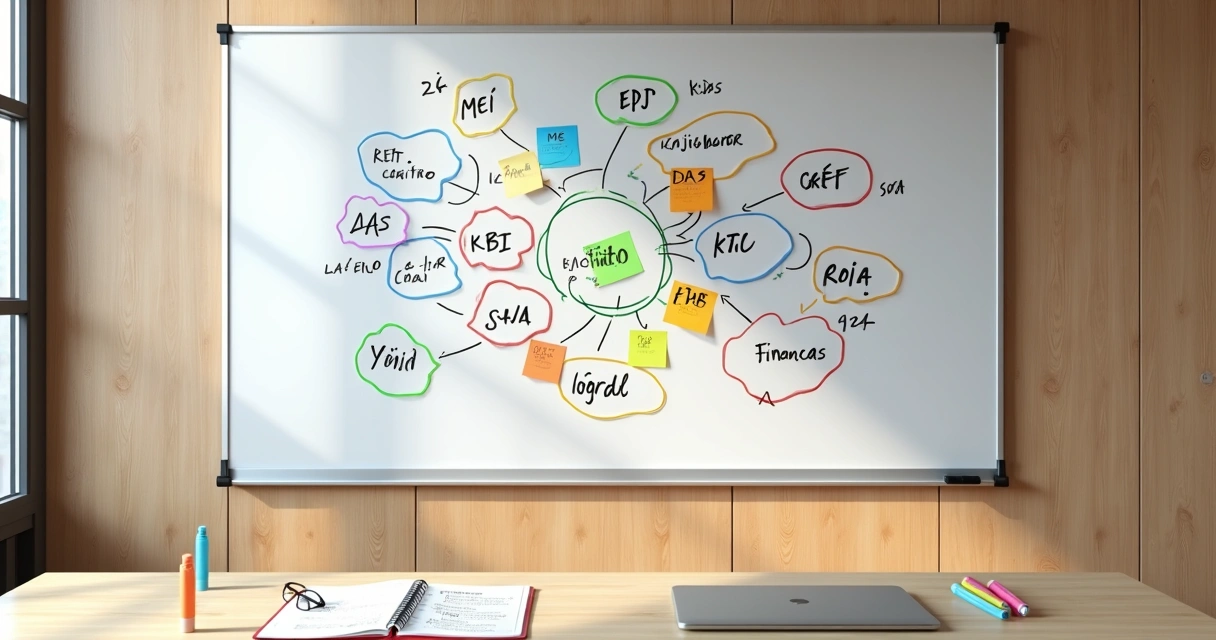 Quadro branco com siglas empresariais coloridas organizadas em círculos interligados 