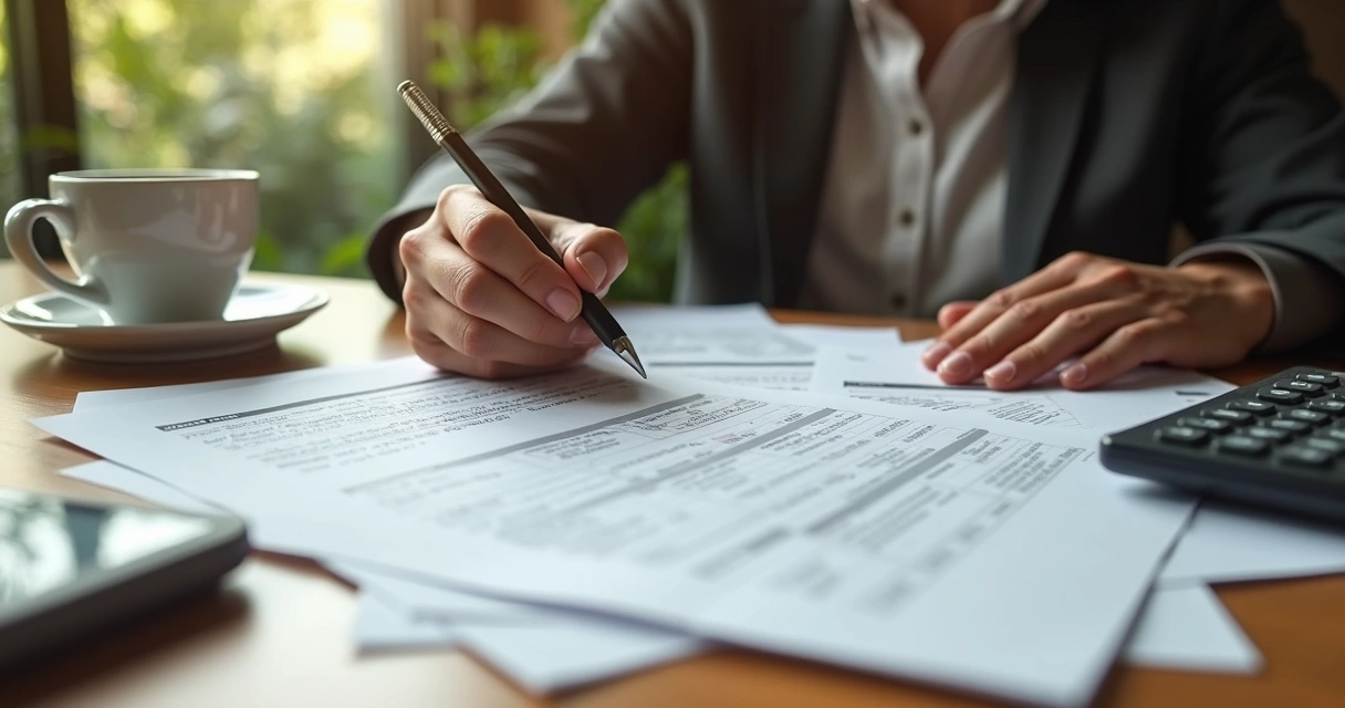 Person signing mortgage papers at a desk 