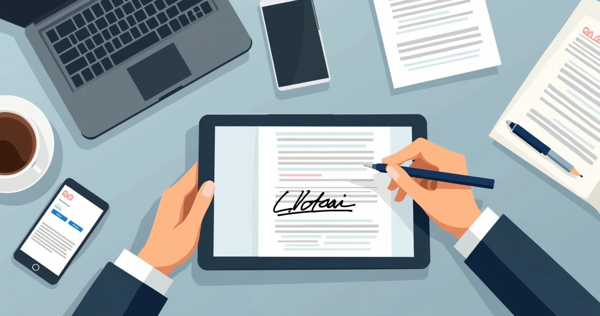 Person signing digital contract on tablet at desk