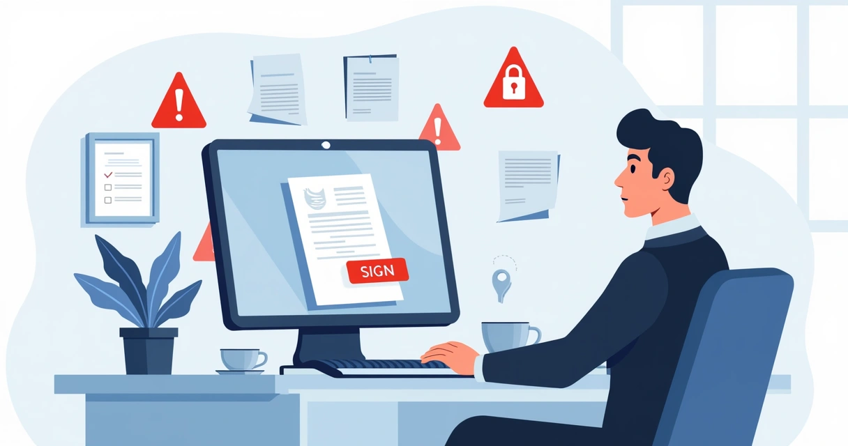 Person hesitating before clicking sign on a digital document, multiple warning icons on screen 