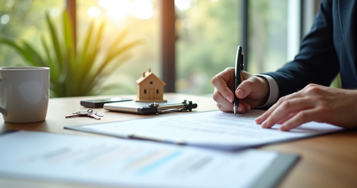 Homebuyer signing mortgage and closing documents at a bright table 
