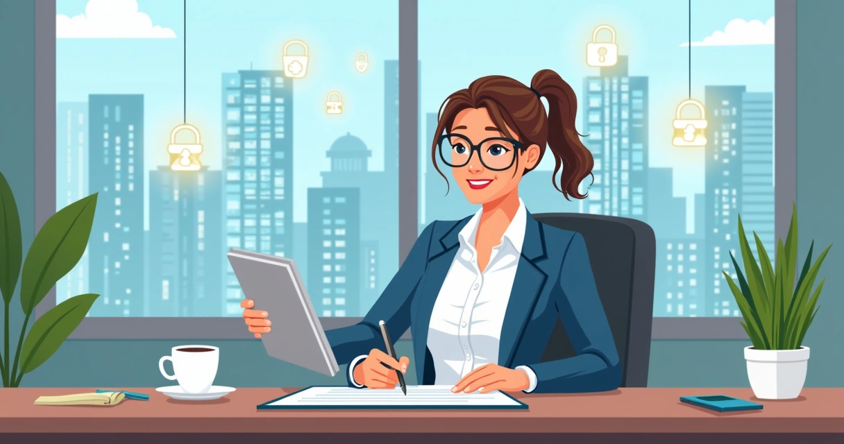 Employee using a tablet to sign a contract with blockchain security indicators 