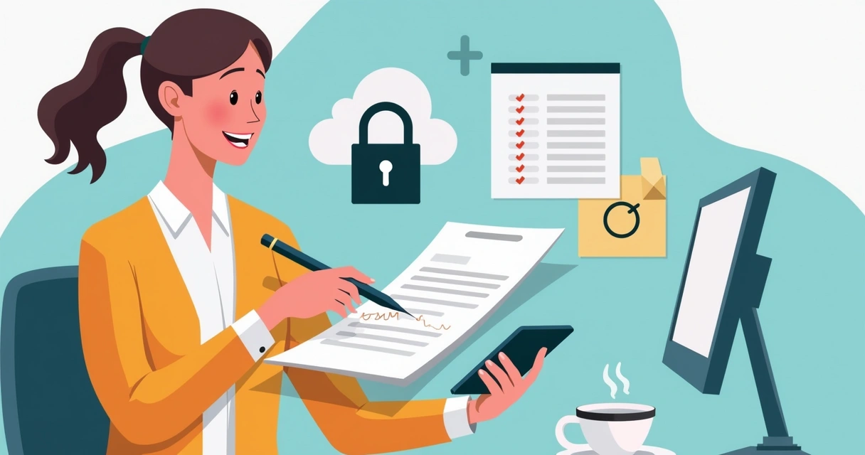 Businesswoman signing contract on her phone with digital pen and security icons