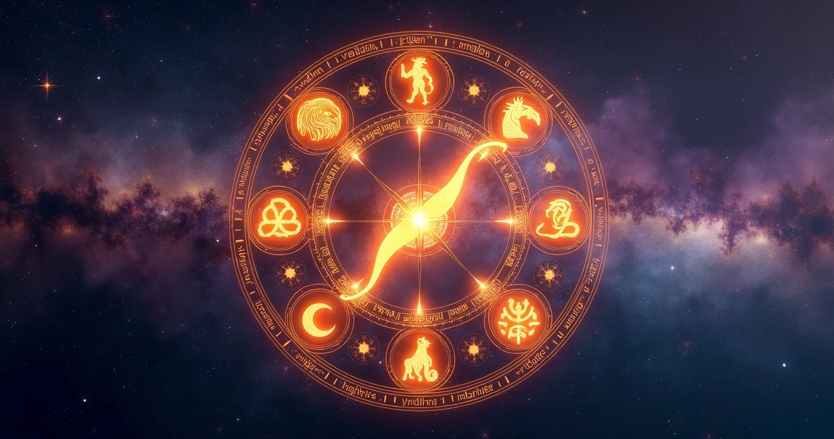 Representação artística dos signos do zodíaco com destaque especial para Sagitário em cores vibrantes, em fundo estelar com constelações brilhantes e detalhes simbólicos 