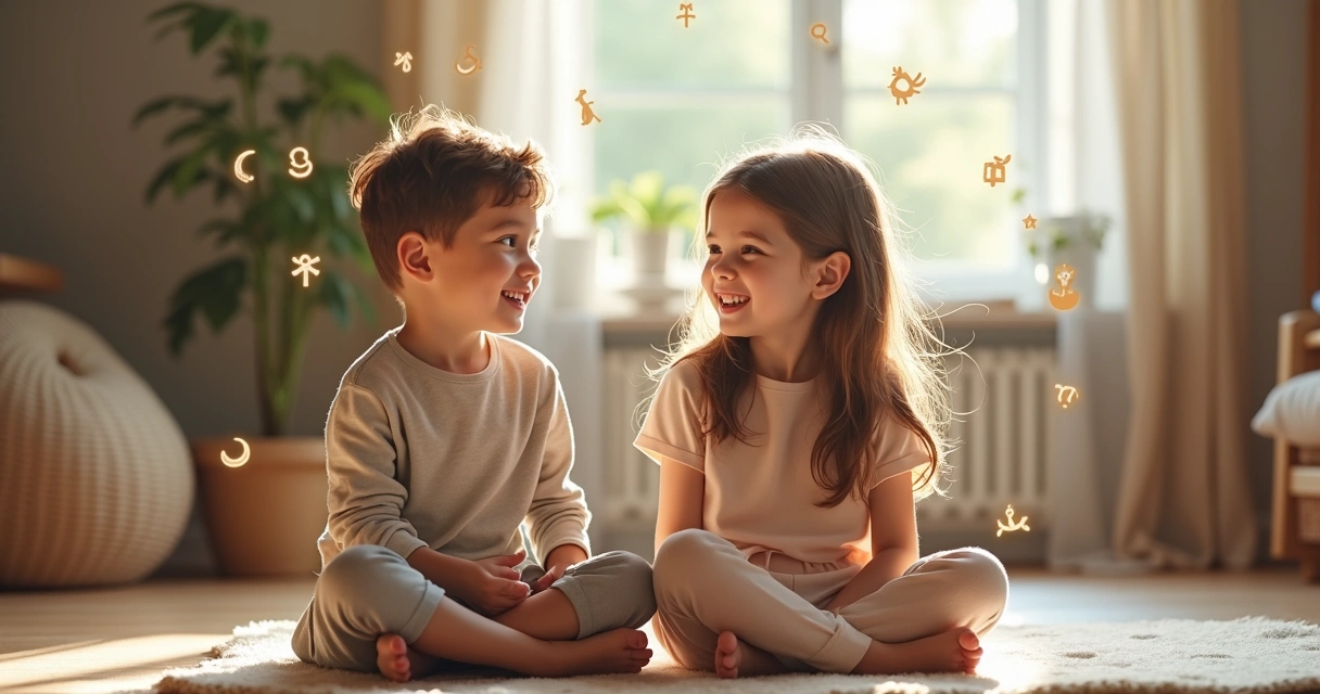 Jovens irmãos sorrindo sentados em círculo com símbolos astrológicos sobrepostos ao redor 