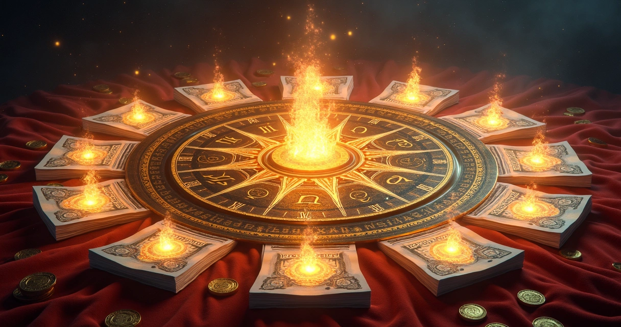 Círculo zodiacal com símbolos dos signos, moedas e notas ao redor 