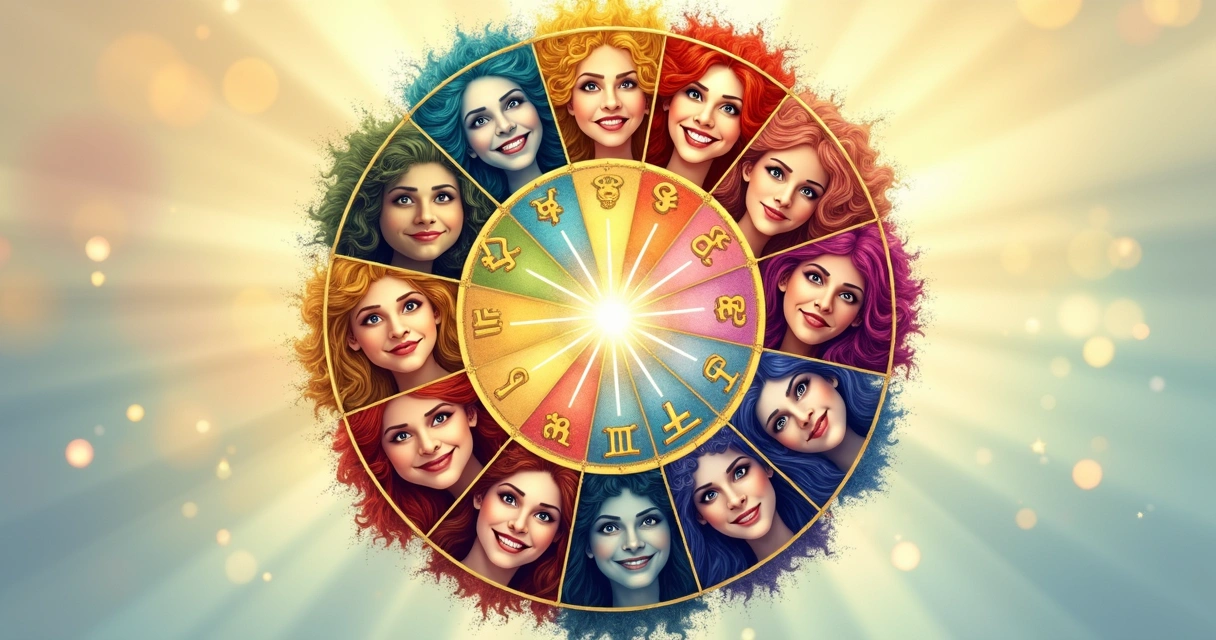 Zodíaco colorido com cada signo mostrando diferentes expressões. 