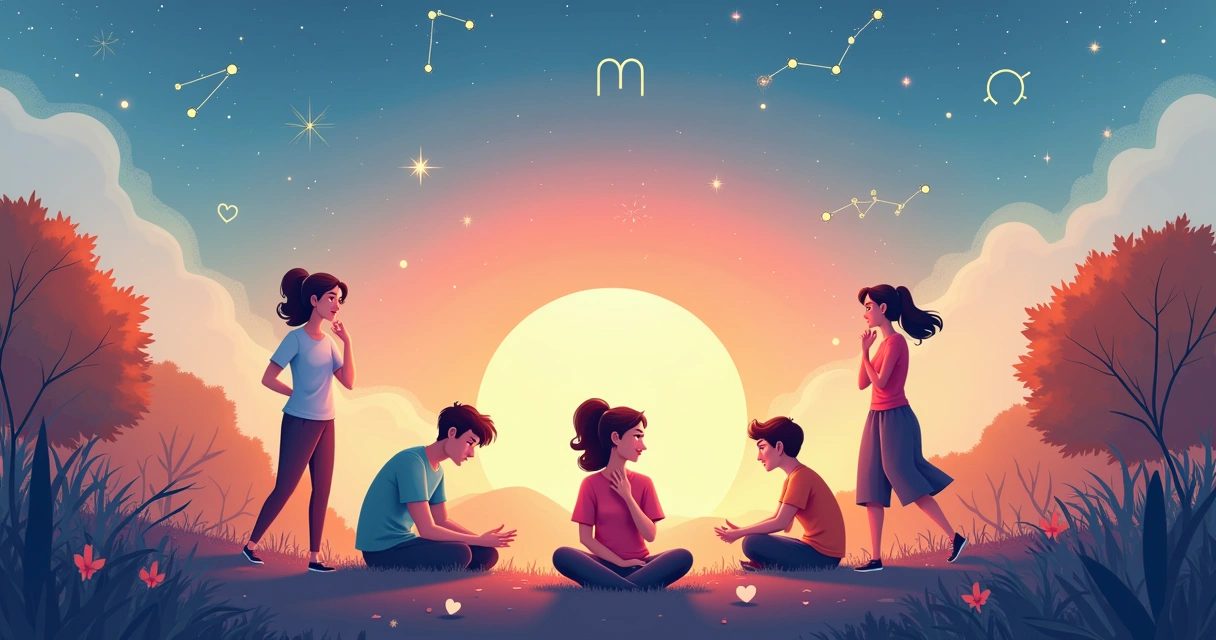 Ilustração mostrando signos zodiacais e seus impactos na saúde física e emocional dos indivíduos, com cores suaves.