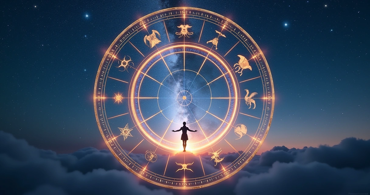 Céu estrelado com roda dos signos do Zodíaco em destaque 