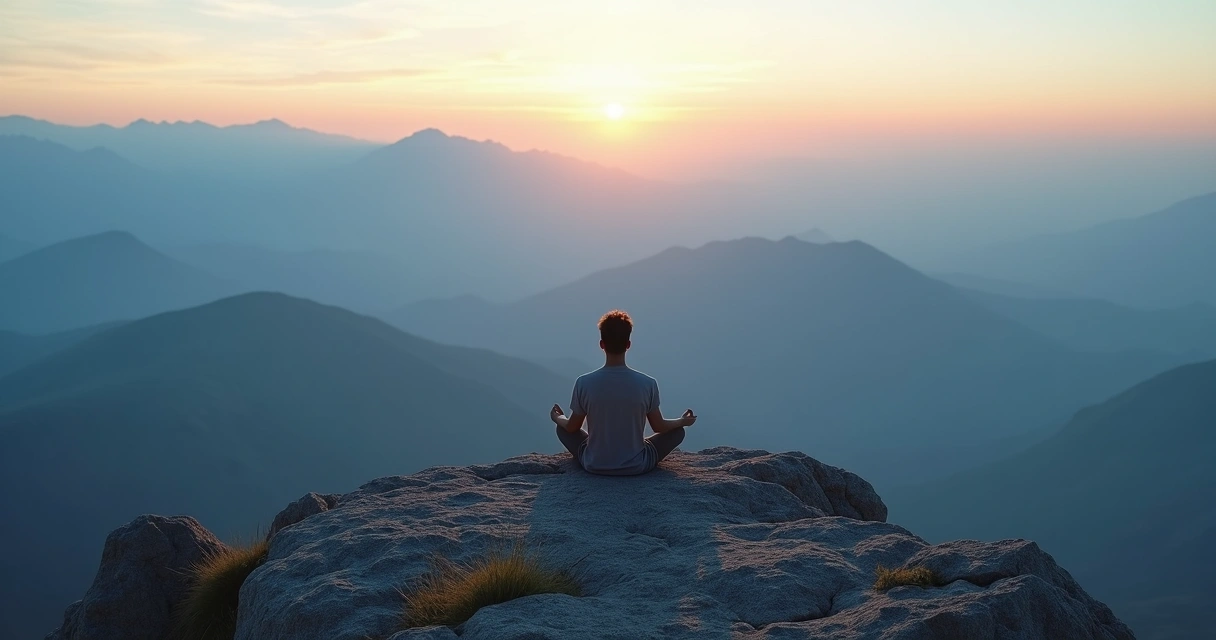 Person meditating in silence on a mountain at dawn 