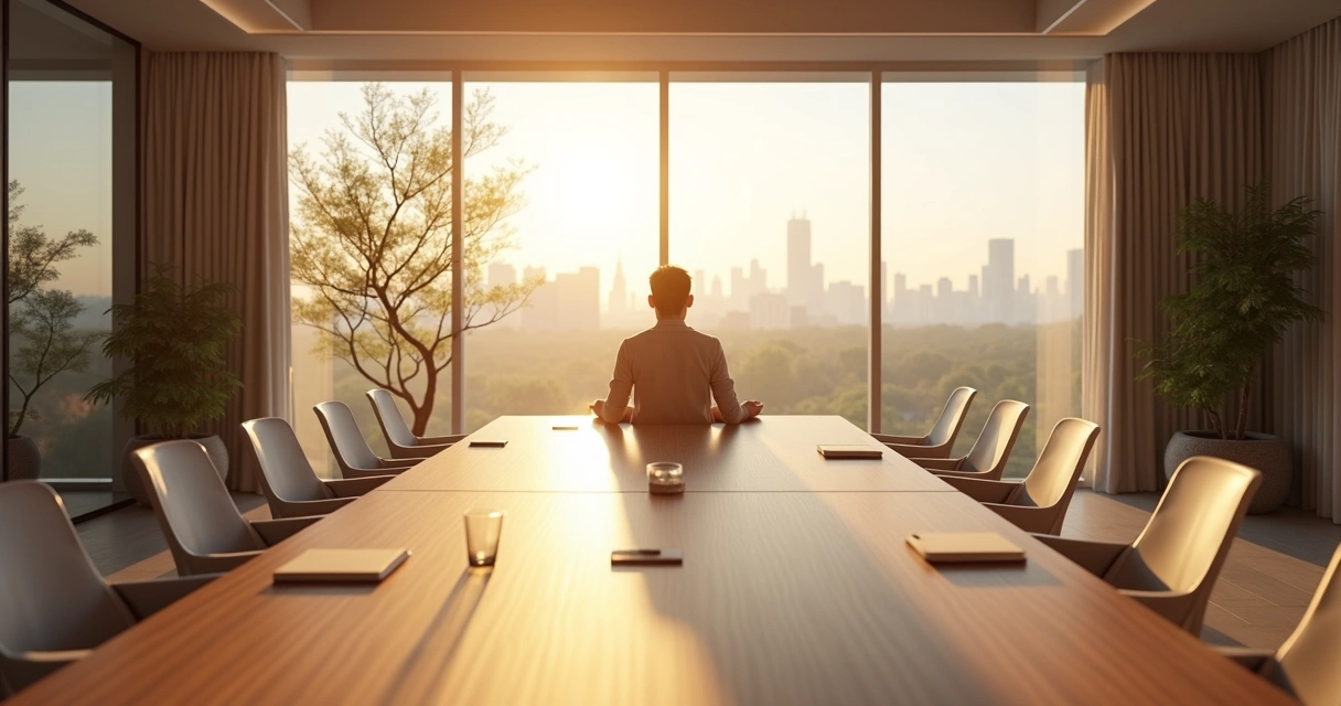 Pessoa sentada em silêncio em sala de reunião iluminada com clima acolhedor 