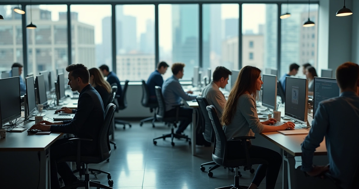 Equipe de escritório sentada em silêncio, evitando contato visual, cada um olhando para seu computador. 