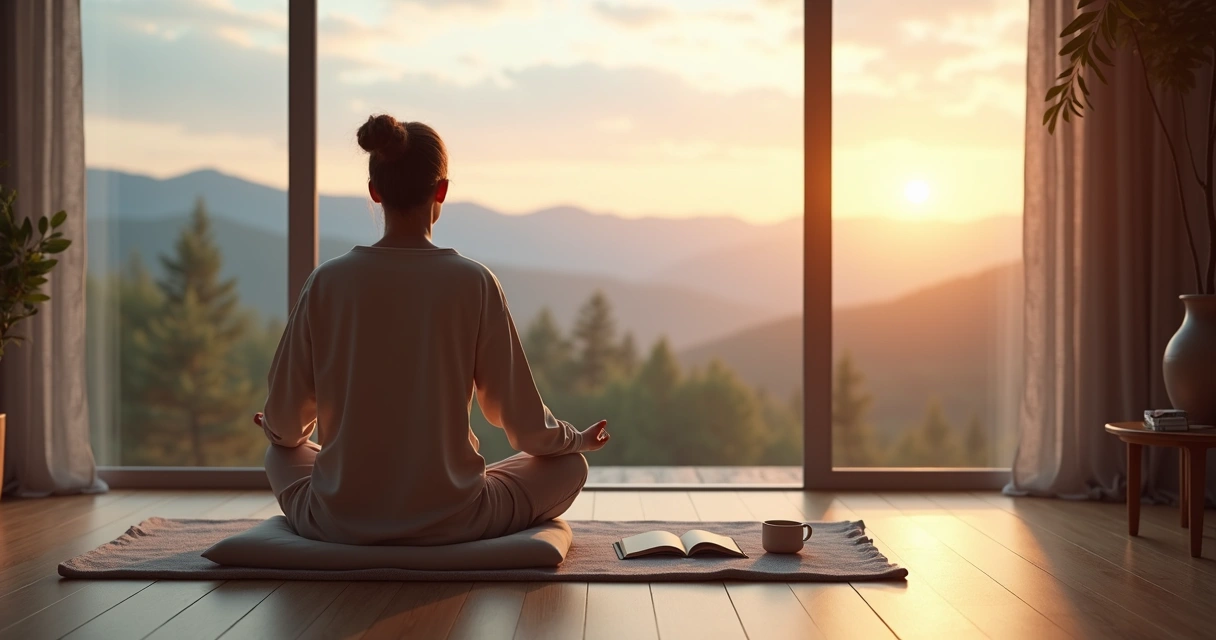 Pessoa sentada em silêncio perto da janela com luz suave e natureza ao fundo 
