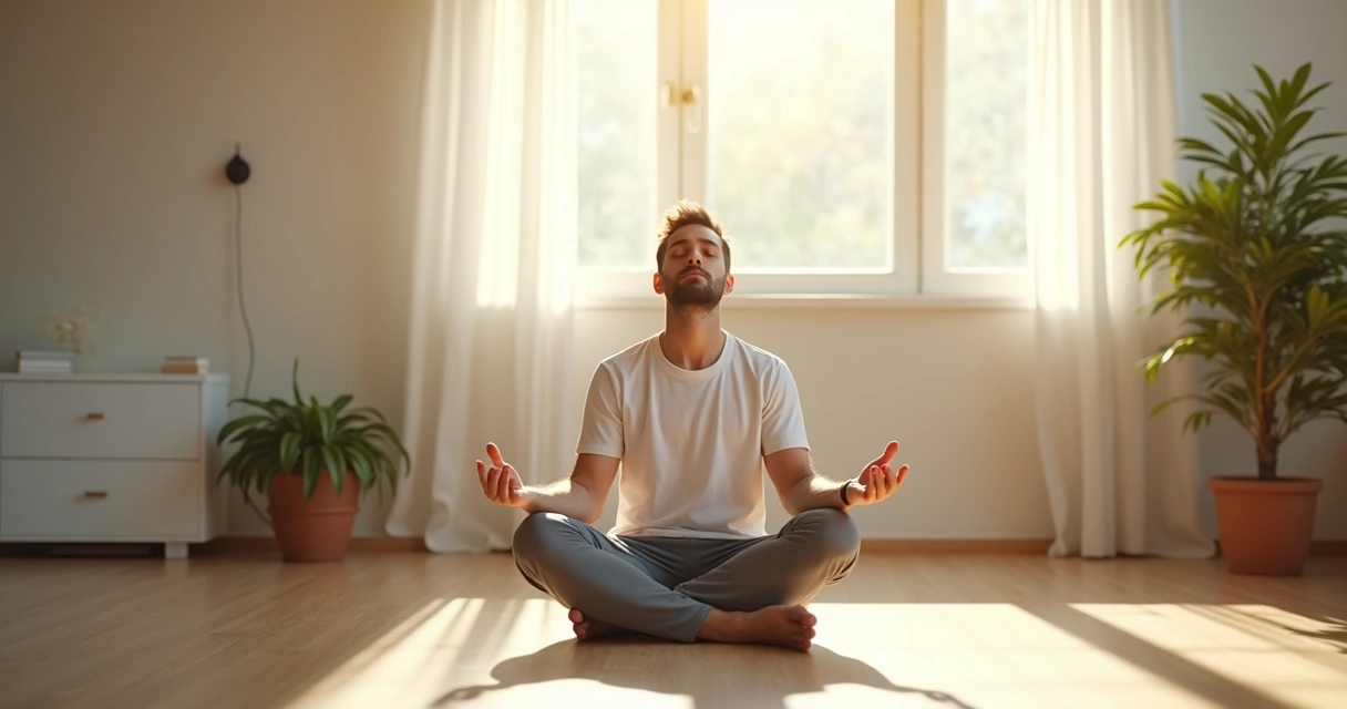 Pessoa sentada em silêncio consciente em ambiente tranquilo 