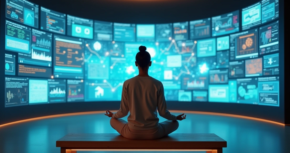 Pessoa meditando em silêncio diante de uma parede com telas digitais brilhantes 